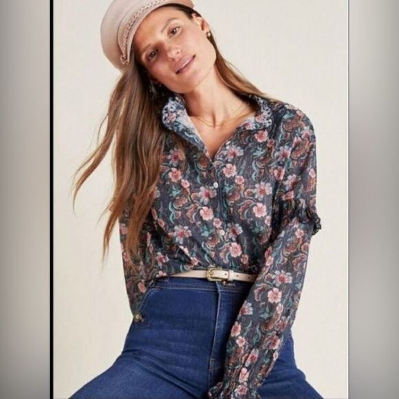 Louise Misha floral Button Front Long Sleeve Ruffle blouse - Picture 1 of 15